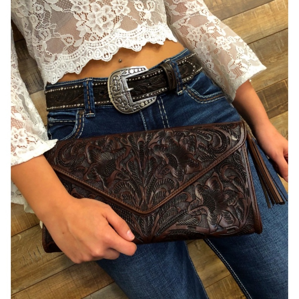 NWOT Handmade Tooled Clutch